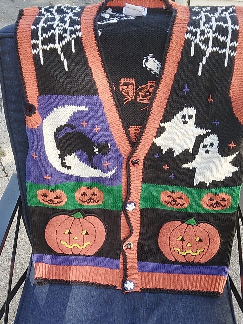 Woman's Halloween Vest with Black, Orange, Purple & Green Spooky Motifs